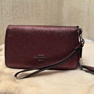Coach Glitter Wristlet in Burgundy Metallic